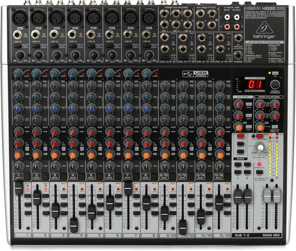 Mesa de mezclas de gama alta Behringer X2222USB de 22 entradas y 2/2 buses con preamplificadores y compresores de micrófono XENYX, ecualizadores británicos, procesador multiefectos de 24 bits e interfaz de audio USB