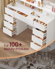 Colección VASAGLE Kailyn - Tocador, espejo de 3 piezas, mesa de maquillaje con 11 bombillas, enchufes, 9 cajones, 3 colores de luz, montaje de rieles de cajón sin herramientas, blanco nube RDT146WB01