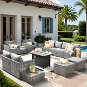Conjunto de muebles de mimbre para patio exterior de 13 piezas XIZZI con mesa de fuego