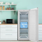 Comfee RCU160WH2(E) Congelador vertical/142 cm de alto/160 L de capacidad/183 kWh/año/Sentido de apertura de puerta reversible/Compresor GMCC de alta calidad/Control de temperatura/Patas ajustables/Blanco
