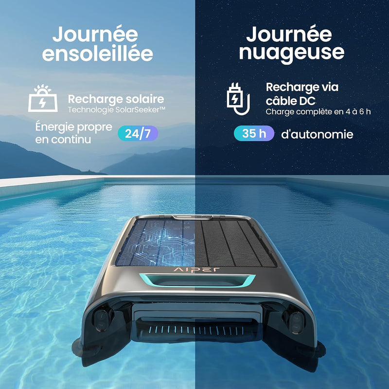 AIPER EcoSurfer S2 Robot Skimmer Solar para Piscinas, Robot de Piscina Inalámbrico con Aplicación, Limpieza de Superficie 24/7, Carga Solar y por Red, Detección Inteligente de Obstáculos, Filtro de 150 µm