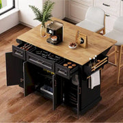 54 Isla de cocina grande con ala abatible de madera de caucho, carro de cocina rodante con textura repujada sobre 4 ruedas con 4 puertas y 3 cajones