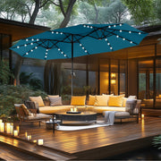 Sombrilla de mercado para exteriores de doble cara MAISON ARTS de 15 pies, rectangular, con manivela, luces LED solares y base incluida