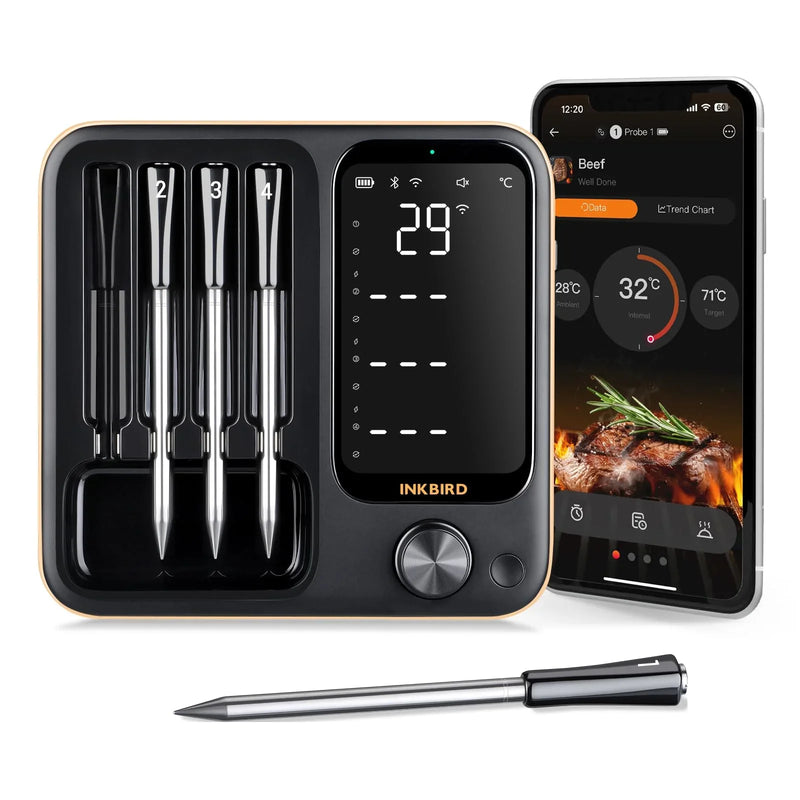 Termómetro de carne inalámbrico Inkbird con aplicación, 4 sondas, WiFi 2.4G Bluetooth 5.4, 91m, ±1°C, IPX67, horno, parrilla, ahumador