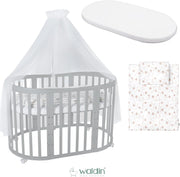 Cuna ovalada evolutiva Waldin, set completo 7 en 1, cuna de barrotes, cama infantil con colchón, cambiador, cuna colecho, madera blanca