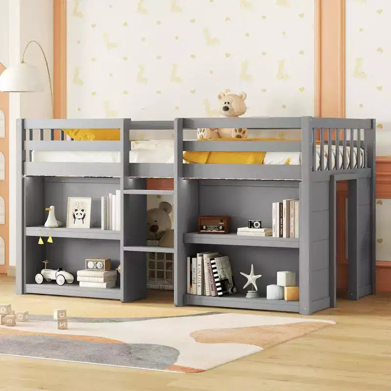 Cama alta infantil individual Whisen de 79.8"L x 43.9"An con estantes de dos niveles y luz LED