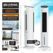 Brandson - Ventilador de torre con refrigeración por agua - Galardonado 2025 - Enfriador evaporativo - Enfriador de aire - Ventilador - Aire acondicionado portátil sin tubo de escape - 5 en 1 - silencioso - depósito de agua de 4,6 L - blanco