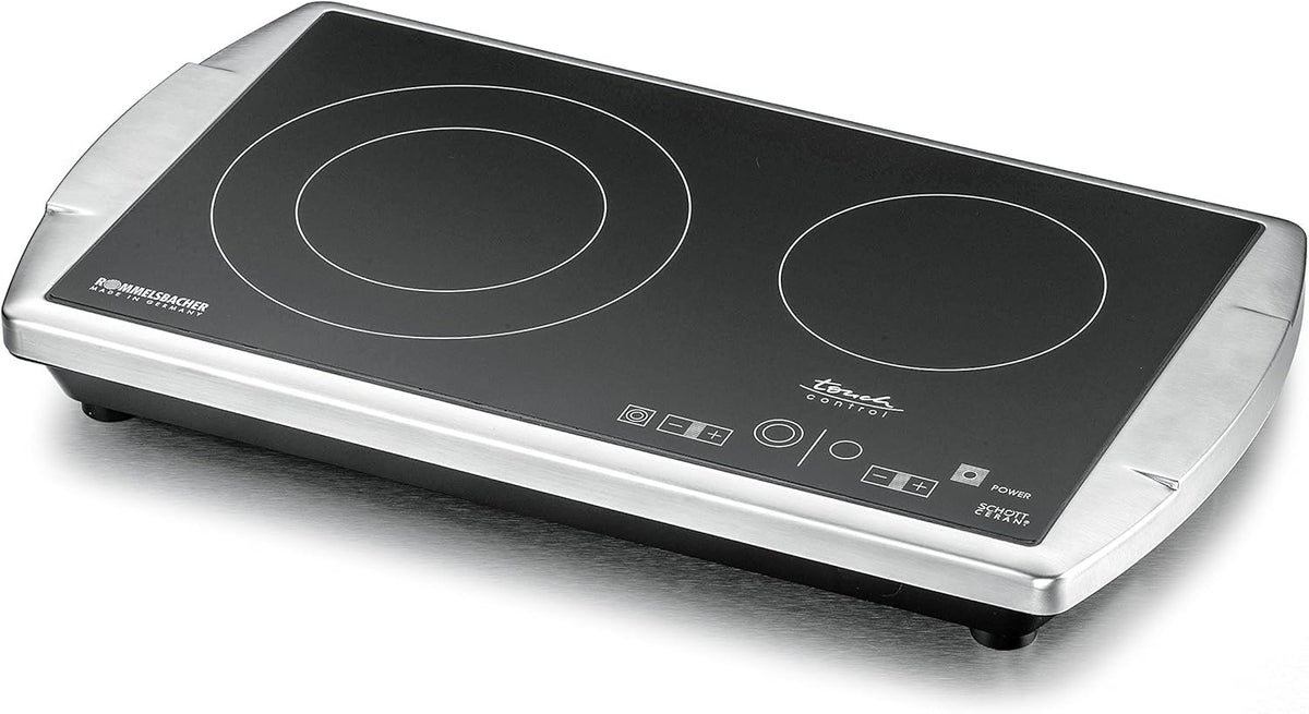 ROMMELSBACHER Doppelkochplatte CT 3403/TC – Made in Germany, SCHOTT CERAN®Kochfläche, 2 Kochzonen, energiesparend, kurze Aufheizzeit, 9 Leistungsstufen, Touch Control, Überhitzungsschutz, Edelstahl