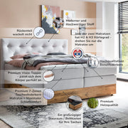 Cama boxspring Belanoti MARBO 160x200 con arcón, colchón de muelles ensacados de 7 zonas incluido, topper viscoelástico, cama 160x200 de roble en color gris blanco, firmeza H2/H3, cama tapizada con madera maciza de roble