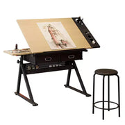 Mesa de dibujo de altura ajustable, mesa de arte inclinable de 0-75° para adultos, escritorio para artistas con 2 cajones de almacenamiento y taburete