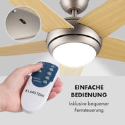 Klarstein Bolero - Ventilador de techo 2 en 1, diámetro de 134 cm, lámpara de 55 W de potencia, aspas de madera, control remoto, 50 dB, 3 velocidades: rápida, media, lenta, arce