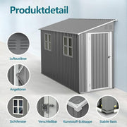 Cobertizo de metal para herramientas de 4 x 10 pies, diseño adosado, caseta con ventana y techo inclinado, cobertizo de acero resistente a la intemperie como garaje para 2-3 bicicletas, arcón para cubos de basura y caseta de jardín, con cerradura, gris