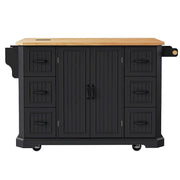 Isla de cocina extensible con alas abatibles, carrito de cocina sobre 4 ruedas con toma de corriente, mesa isla móvil con 2 puertas y 6 cajones