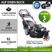 Cortacésped de gasolina BRAST® Trike con tracción | 5,2kW (7CV) | 53cm de ancho de corte | muchos modelos | TÜV | motor OHV de 4 tiempos | 30-80mm de altura de corte | 60L de saco de recogida | carcasa de acero | velocidad