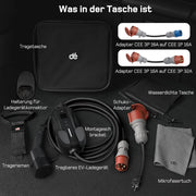 Mobile Wallbox/Ladestation 11kW 3-phasig|7m|6-16A] mit Traveller-Adapter-Set, Ladekabel CEE 16A auf Typ 2 und EV-Ladegerät für Model Y/3, ID.3/4/5, MG4, EX30, e-up, e-tron, Zoe und andere Elektrofahrzeuge