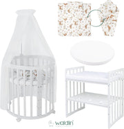 Cuna ovalada evolutiva Waldin, set completo 7 en 1, cuna de barrotes, cama infantil con colchón, cambiador, cuna colecho, madera blanca