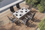 Conjunto de comedor de jardín Villana, plata/negro, aluminio/textil, mesa 160/220 cm, 6 sillas plegables