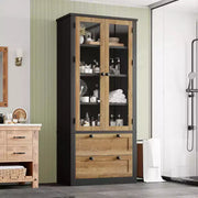 Alacena de cocina estilo granja con puertas de vidrio, armario de almacenamiento de 72 pulgadas con cajones y estantes ajustables para comedor, baño y sala de estar