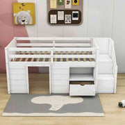 Cama alta baja de madera maciza con cajón y escalera, tamaño individual