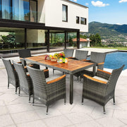 COSTWAY Juego de muebles de jardín de ratán de 9 piezas, conjunto de asientos para 8 personas, mesa de jardín con tablero de madera de acacia, 8 sillas y cojines, juego de muebles de terraza, conjunto de jardín, juego de asientos, grupo de comedor