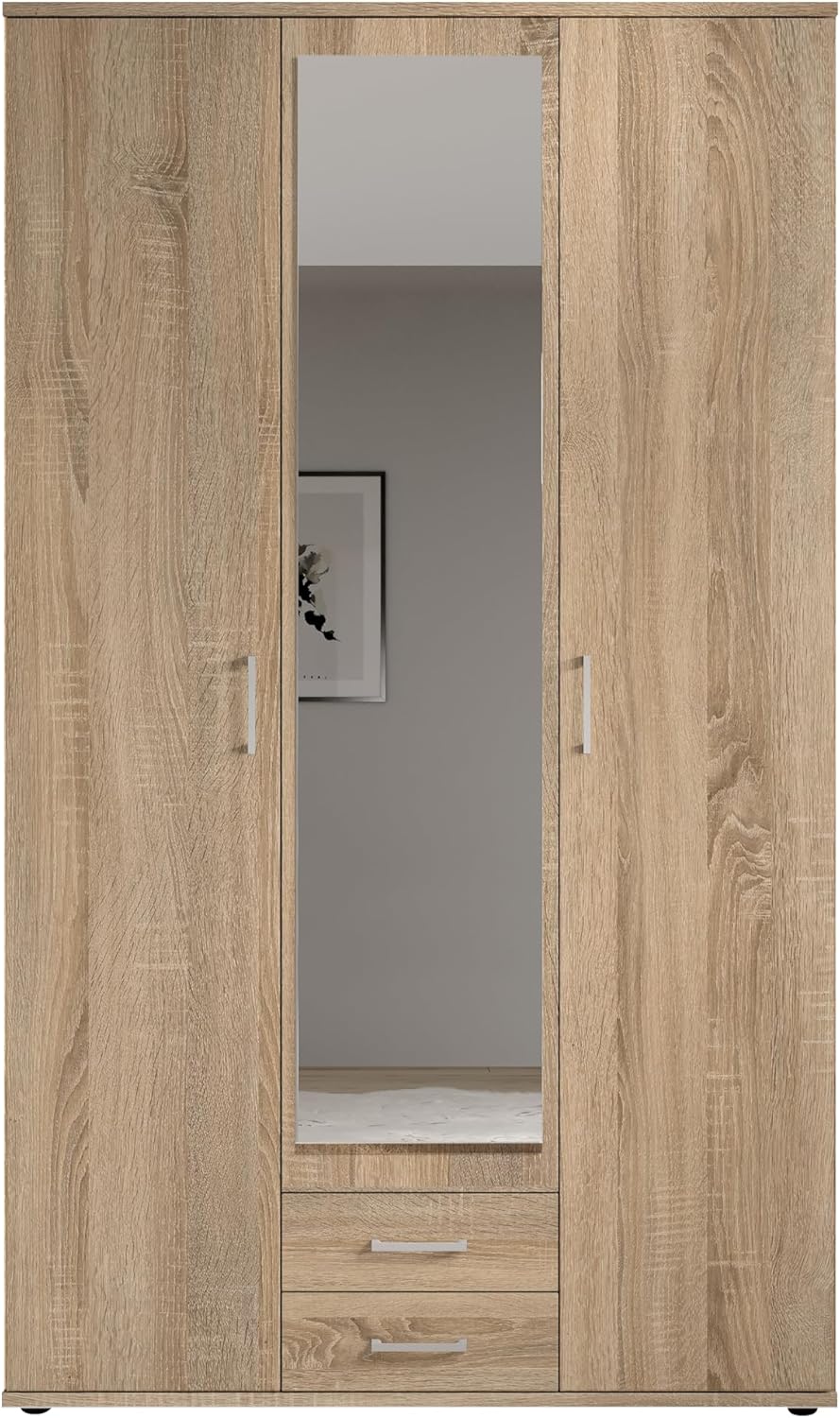 KARL Elegante armario de 3 puertas con gran capacidad de almacenamiento - Armario multiusos color roble Sonoma con puerta de espejo - 120 x 195 x 55 cm