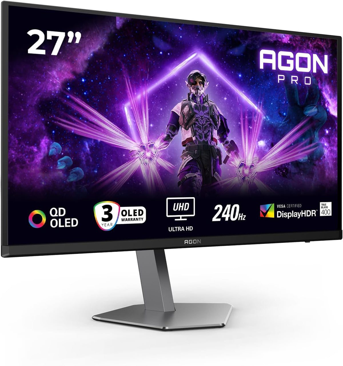 AOC Agon Pro AG276UZD - Monitor de juegos plano QD OLED de 27 pulgadas, 240 Hz, 0,03 ms, FreeSync Prem Pro, compatible con G-Sync, ajuste de altura, HDR400 (3840x2160, 2xHDMI, DisplayPort, concentrador USB) negro