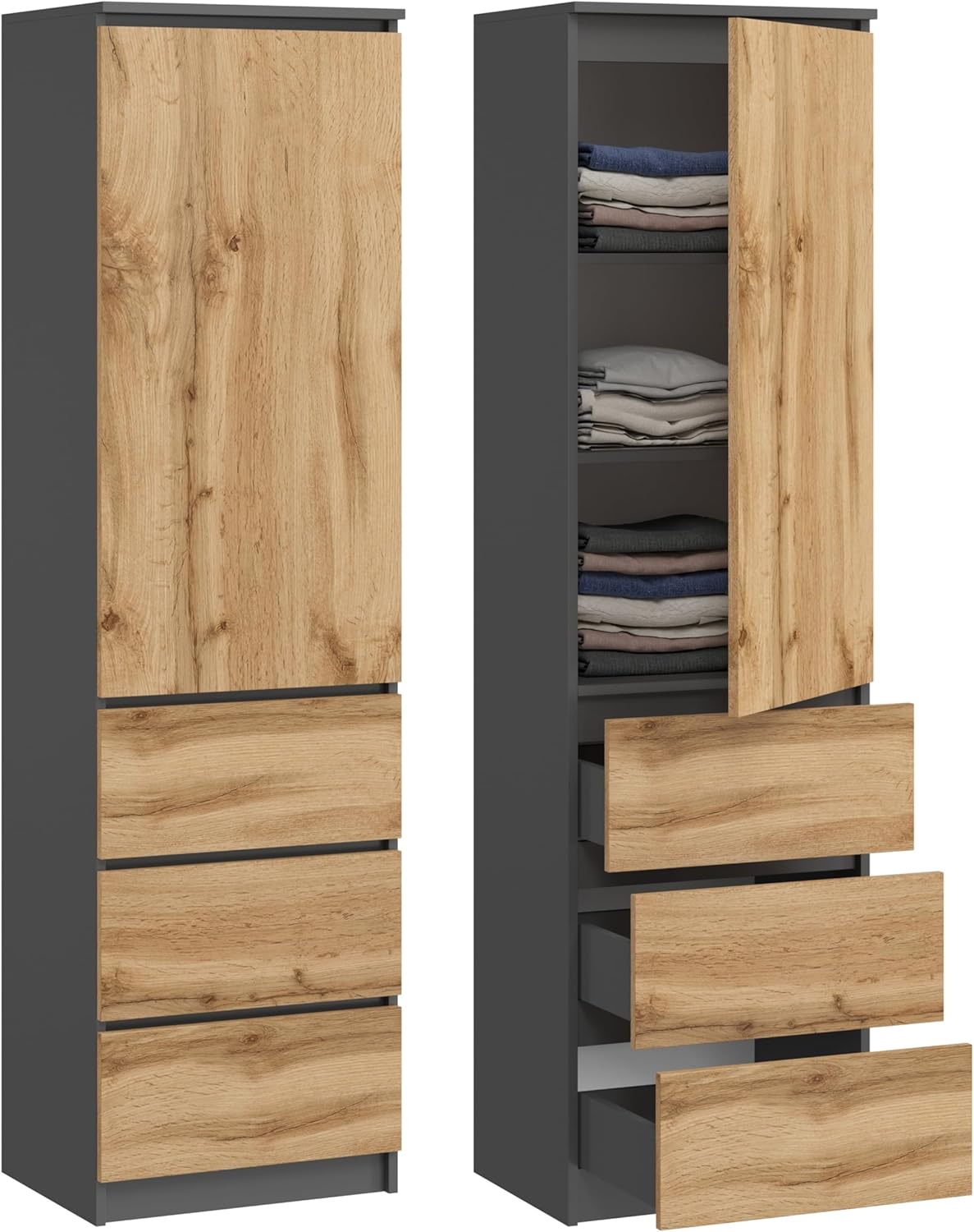 KUBUTKU Armario multiusos con 3 cajones, 3 compartimentos y puertas - Armario universal para oficina y hogar 180,5x50x40 cm Grafito/Roble Wotan
