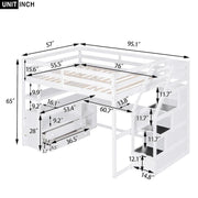 Cama alta de tamaño matrimonial con escritorio y estantes, dos cajones integrados, escalera con almacenamiento, gris