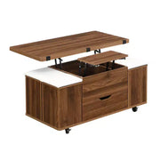 Mesa de centro elevable moderna multifuncional Zeus & Ruta con almacenamiento oculto, 4 taburetes y ruedas, perfecta para espacios modernos