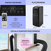 Aire acondicionado Klarstein, unidad de aire acondicionado 4 en 1, deshumidificador, ventilador y modo noche, aire acondicionado portátil con manguera de escape, control por aplicación, aire acondicionado para habitaciones de hasta 44 m², 9000 BTU, blanco