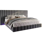 Cama de plataforma tapizada AMERLIFE con luces LED, diseño flotante, soporte de listones sólidos