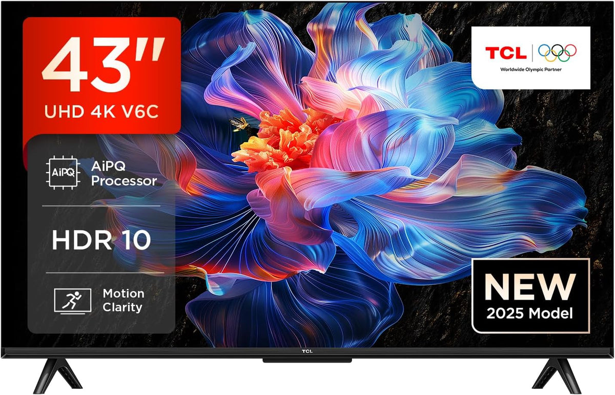Smart TV LED TCL 43V6C de 43" 4K UHD, 4K HDR, Google TV con diseño sin bordes (Dolby Audio, Motion Clarity, compatible con Google Assistant y Alexa)