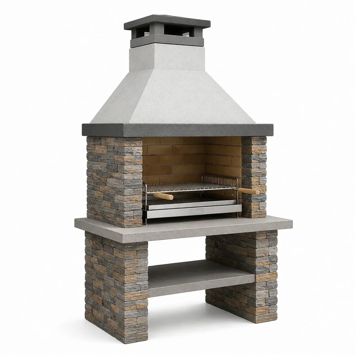 Chimenea de piedra y ladrillo con parrilla de acero inoxidable 180x110x65cm gris