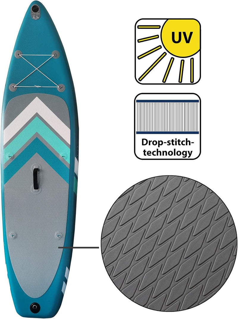 Set de Stand Up Paddle ALPIDEX SUP 305 x 76 x 15 cm Capacidad de carga hasta 150 kg Inflable Estable Ligero Set completo Bolsa de transporte Remo Aletas Bomba de aire Correa Kit de reparación