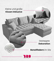Sofá cama esquinero en forma de L BROMARKT, sofá cama con arcón, mueble de salón LUIS, sofá de 3 plazas con espacio de almacenamiento, 238x150x72 gris claro
