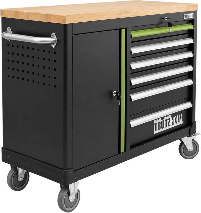 TRUTZHOLM Carro de herramientas vacío Deluxe, carro de taller con 6 cajones y compartimento con puerta, armario de herramientas con cerradura y ruedas con encimera de madera maciza, banco de trabajo móvil 108 x 46,5 x 77 cm, verde/negro