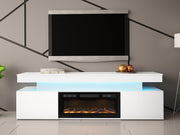 Mueble para TV Mirjan24 Serkuzo EF 2D con chimenea eléctrica, práctico mueble de televisión, soporte para TV con apertura sin tiradores, llama LED realista (blanco/blanco brillante)