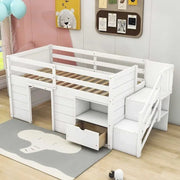 Cama alta baja de madera maciza con cajón y escalera, tamaño individual