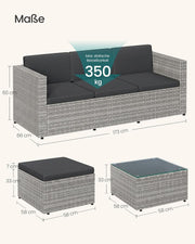 Set de muebles de jardín SONGMICS, muebles de balcón de ratán sintético PE, muebles de terraza, sofá esquinero, exterior, ratán tejido a mano, conjunto lounge, con cojines y mesa de cristal, gris GGF005G05