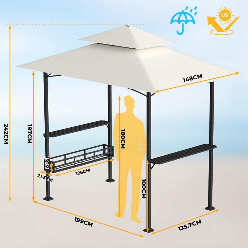 Pabellón para barbacoa 238 x 148 x 242 cm, cenador para BBQ con doble techo, 2 estantes laterales, cesta de almacenamiento, 10 ganchos, abrebotellas, protección solar UV30+, para jardín y terraza, blanco crema