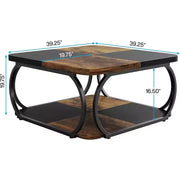 Mesa de centro cuadrada Lantine de 40 pulgadas con 2 niveles, mesa baja estilo granja con estante de almacenamiento para sala de estar, color negro y marrón rústico