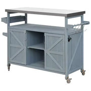 Isla de cocina para exteriores con cubierta de acero inoxidable, carrito de cocina de madera con puertas, estantes y especiero, isla de cocina con ruedas
