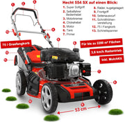 Cortacésped de gasolina 5 en 1 HECHT: potente motor Eco de 4 tiempos de 4,4 kW (6,0 CV), arranque por cuerda, 53 cm de ancho de corte, recogedor de 75 l, tracción a las ruedas, ruedas patentadas, EasyClean, función de mulching