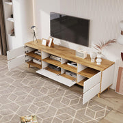 BTM Mueble de TV rústico, banco de TV con compartimentos y puertas, para salón, comedor, dormitorio, almacenamiento práctico, blanco y madera natural, 175x37x51 cm