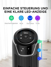 Ventilador de torre Midea FZ10-17JR silencioso con mando a distancia 92 cm, ventilador móvil, ventilador de columna, temporizador de 7 horas, 3 modos, 3 velocidades, ventilador de pie 45 W, negro