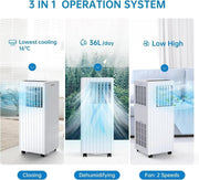 Aire acondicionado portátil 7000 BTU 2,05 kW, 3 en 1: refrigeración, deshumidificador 36 l/día, ventilador, modo nocturno, temporizador de 24 h, control remoto, para habitaciones de hasta 28 m², kit de evacuación para ventana incluido