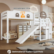 Kinderbett Etagenbett 90x200,Hausbett Hochbett mit Rutsche&Regal&Stauraum Treppe,Bettgestell mit Rausfallschutz&Lattenrost, Funktionsbett Stockbett Spielbett Jugendbett,Kiefernholz,Ohne Matratze,Weiß