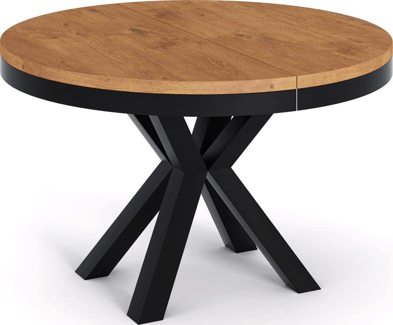 WFL GROUP Mesa de comedor redonda extensible estilo loft - Mesa industrial con patas de metal negro - Mesa que ahorra espacio para salón - Roble Lancelot - 120 a 200 cm