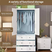Armario ropero COZONY con 3 cajones y 2 puertas, clóset de madera moderno para dormitorio, armario de pie resistente de color blanco