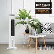 Brandson - Ventilador de torre con refrigeración por agua - Galardonado 2025 - Enfriador evaporativo - Enfriador de aire - Ventilador - Aire acondicionado portátil sin tubo de escape - 5 en 1 - silencioso - depósito de agua de 4,6 L - blanco